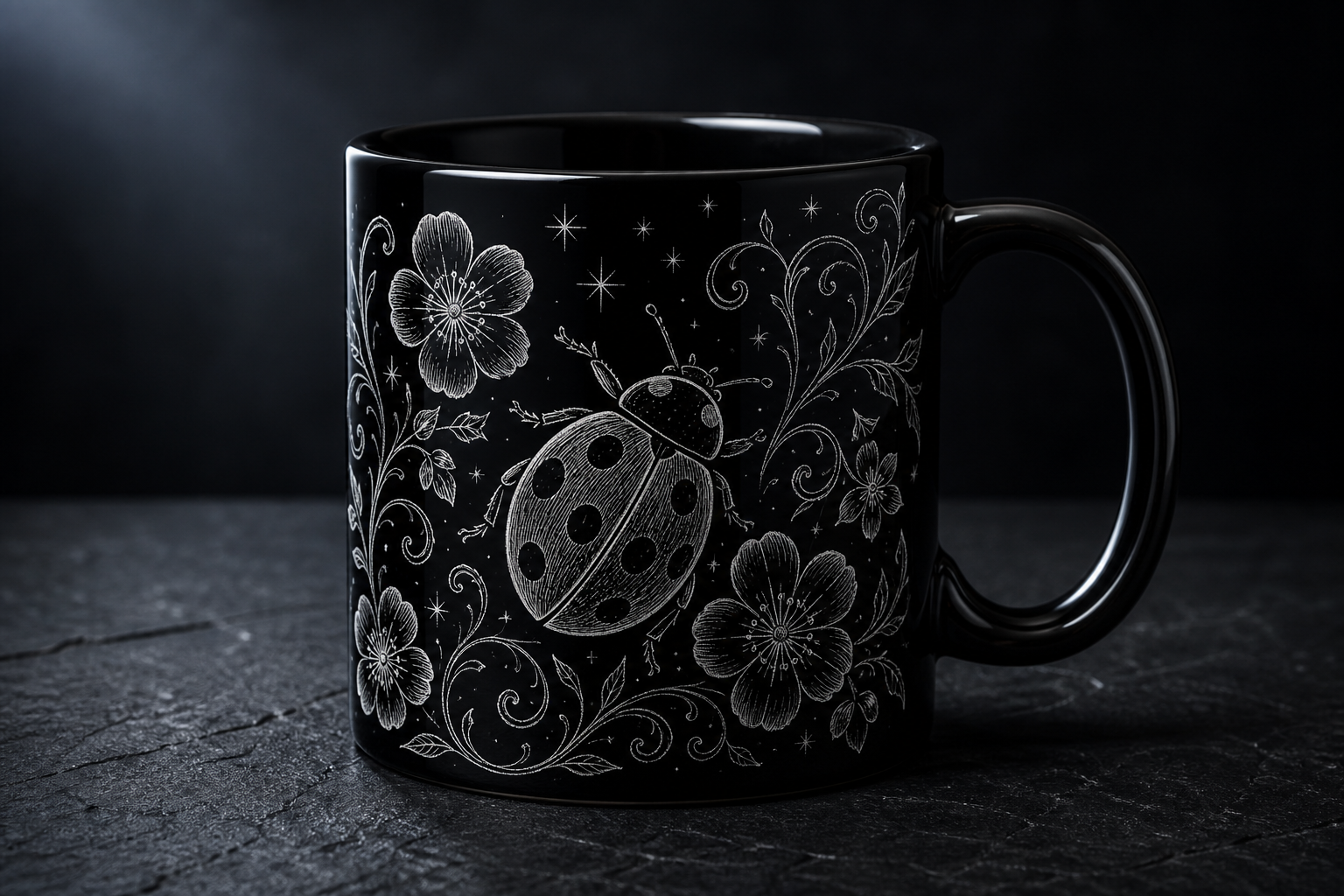 Black ceramic mug with etched ladybug botanical design