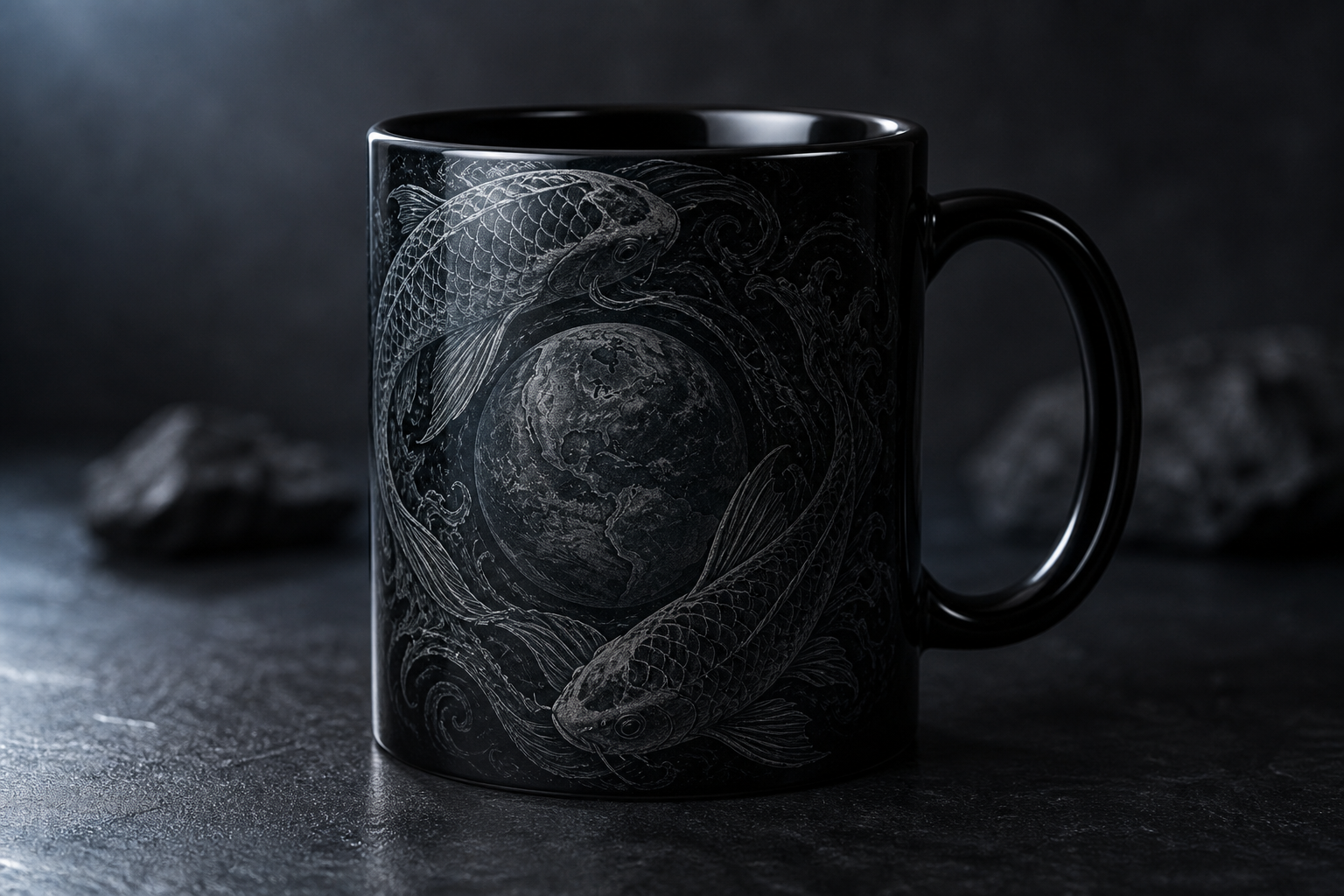 Black ceramic mug with etched koi circling the earth design