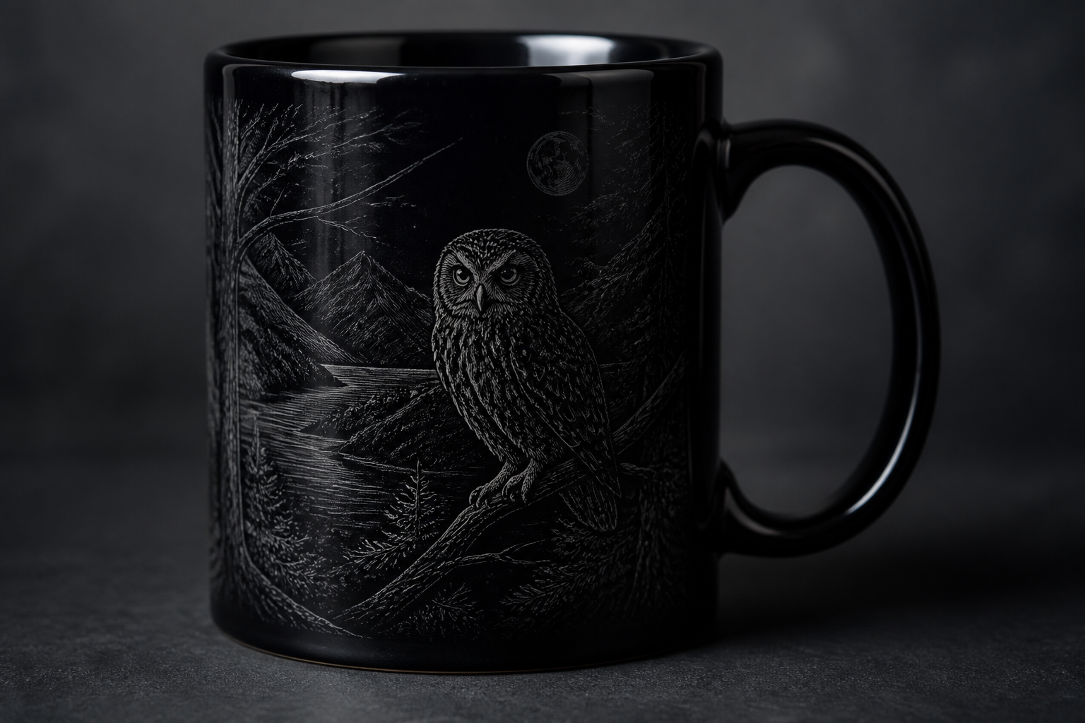 Black ceramic mug with etched owl night linocut design