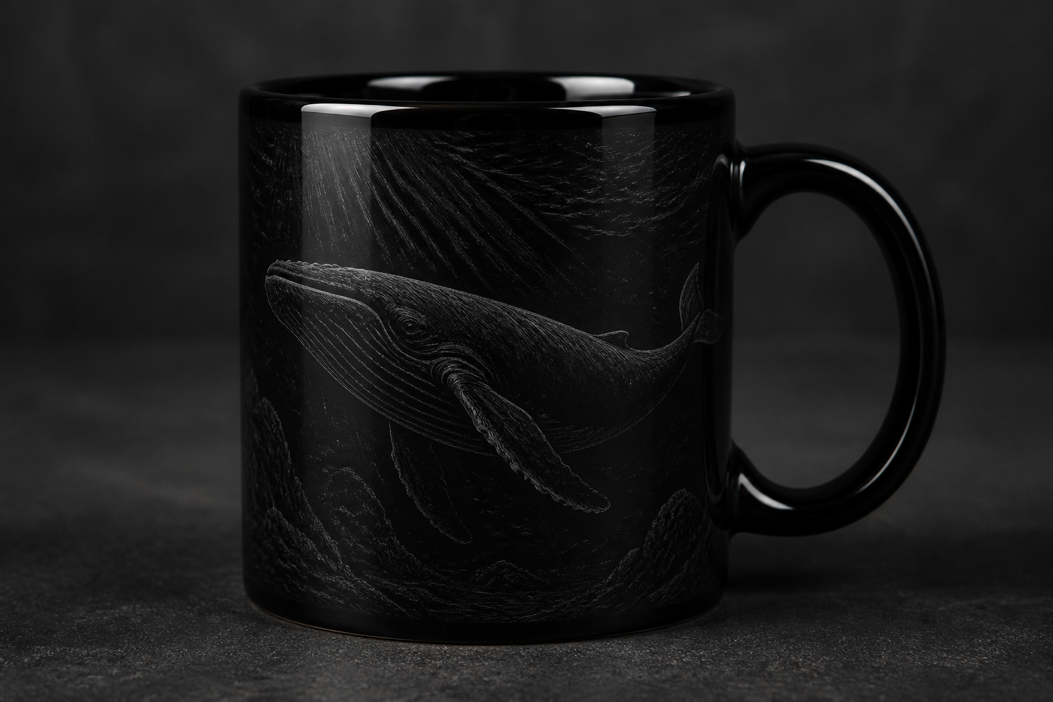 Black ceramic mug with etched whale pine forest linocut design